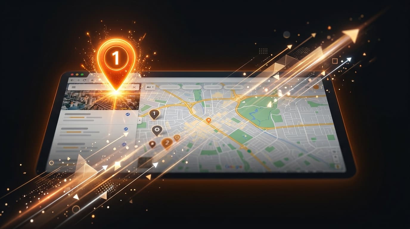 Tablet displaying Google Maps with a business ranked #1, orange pin highlighted with upward ranking arrows