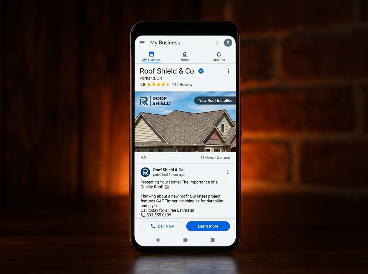 Phone showing active Google Business Profile with recent posts and reviews